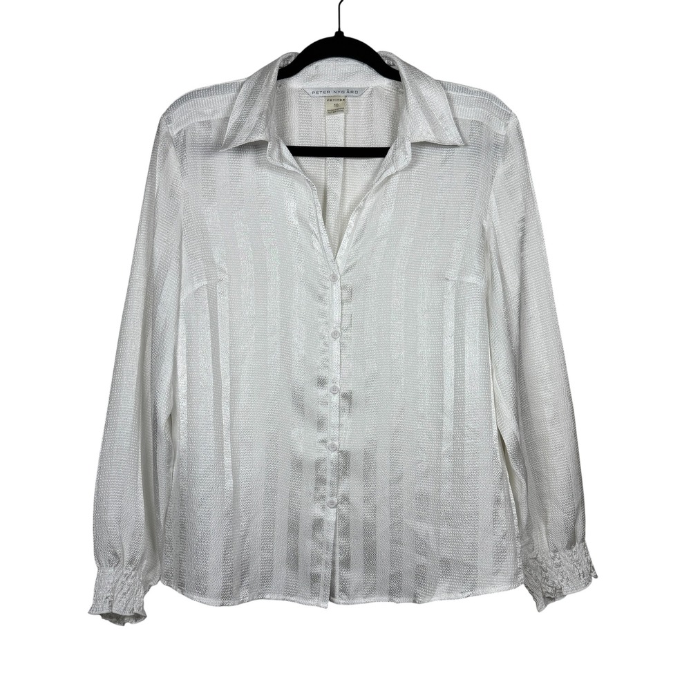 Peter Nygard Womens Long Sleeve Striped Button Up Blouse Size 10 Petite White
